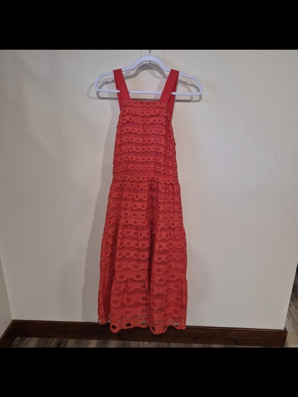 Anthropologie Maeve Eyelet Tiered Halter Midi Dress Cotton Coral Red NEW Size 8